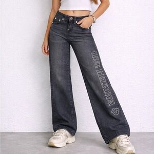 True Religion Black Wide-Leg Jeans with Rhinestone Side Logo girls Sz 10 NWT